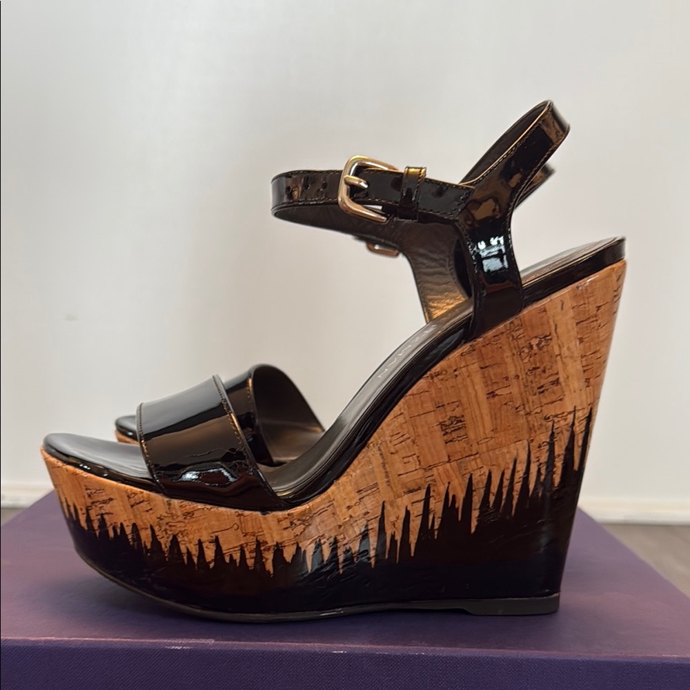 Stuart Weitzman Black and Brown Wedge Sandals with Cork Heel